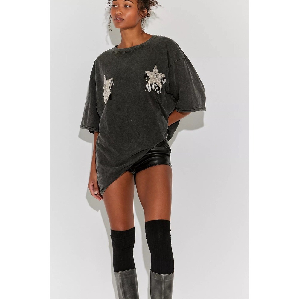 NWT Free People Sabbi Ta-Ta Sparkle Stars Tassels Black Shirt XL Oversized - Picture 3 of 8